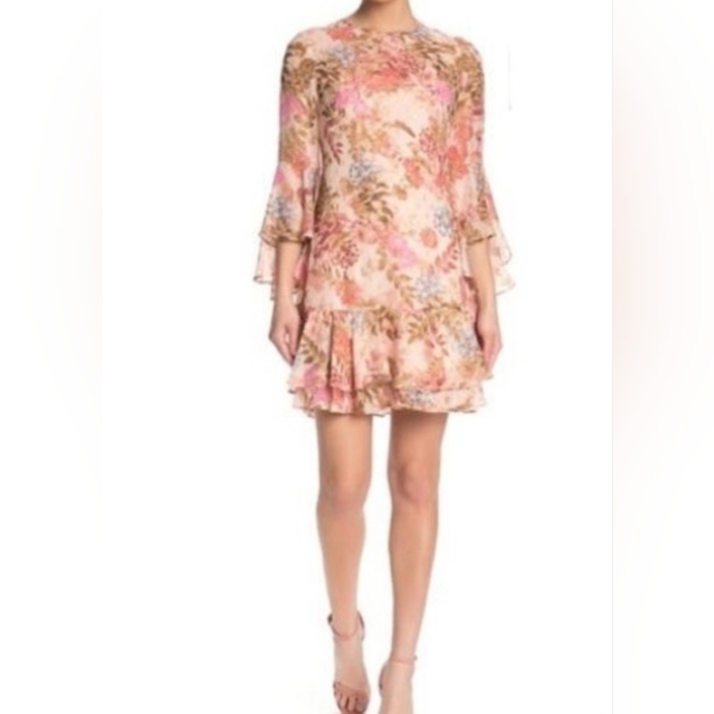 ELIZA J FLORAL  BELL SLEEVE RUFFED CHIFFON SHIFTDRESS WITH METALLIC ACCENT Size8